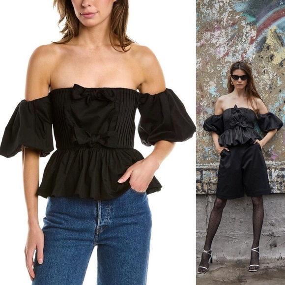 NWT Hunter Bell Anthropologie Rhea Top Off Shoulder Ribbon Pleated Black Size 6 - Picture 4 of 14